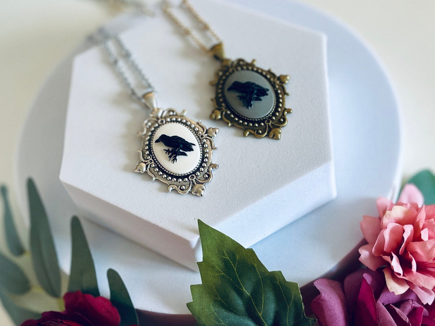Victorian Raven Cameo Necklace - Gothic Black White with Grey - Bronze or Silver Setting Medium