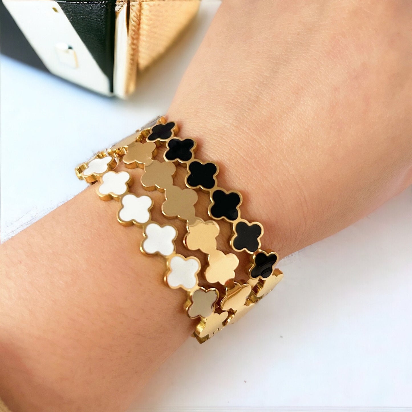 Clover Bracelet Bangle - Hinged Cuff - Electroplated 18k Gold over Stainless Steel