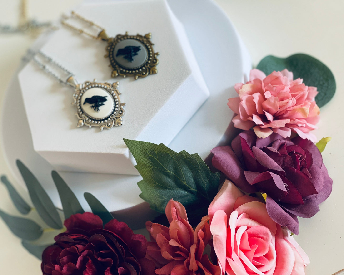 Victorian Raven Cameo Necklace - Gothic Black White with Grey - Bronze or Silver Setting Medium