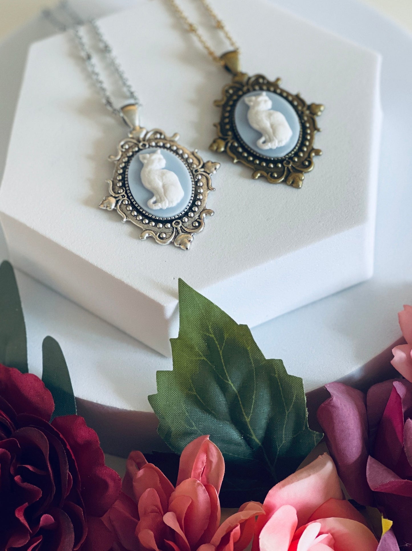 Blue Cat Cameo Necklace - Gothic Victorian Pendant in Bronze or Silver - Medium Size
