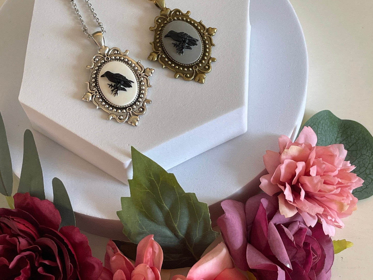 Victorian Raven Cameo Necklace - Gothic Black White with Grey - Bronze or Silver Setting Medium