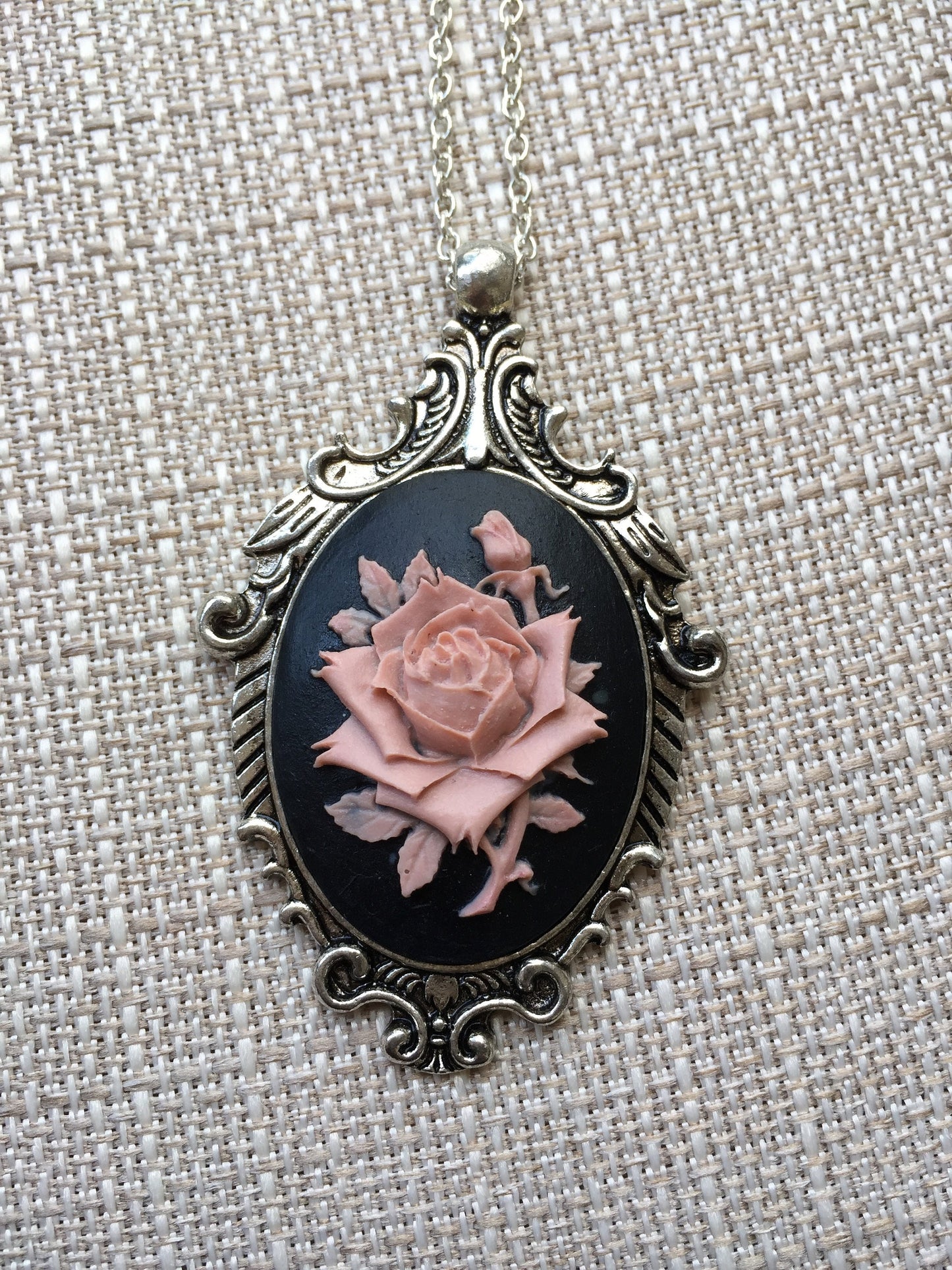 Vintage Mauve Pink and Black Rose Cameo Necklace with Ornate Antique Silver Pendant