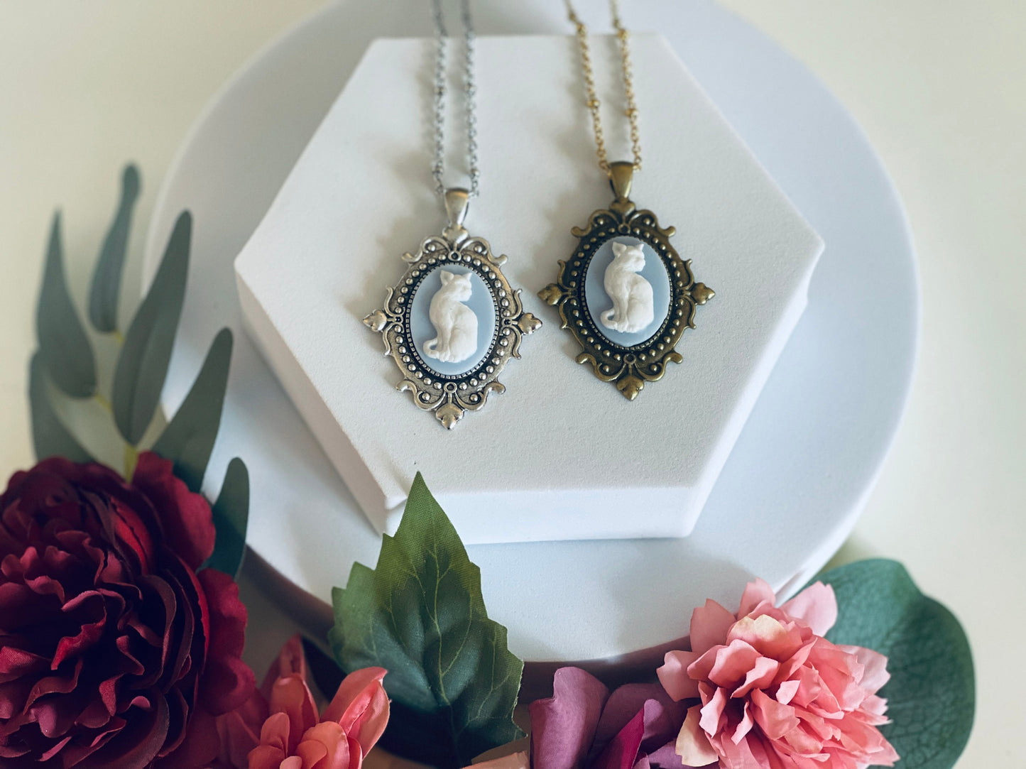 Blue Cat Cameo Necklace - Gothic Victorian Pendant in Bronze or Silver - Medium Size