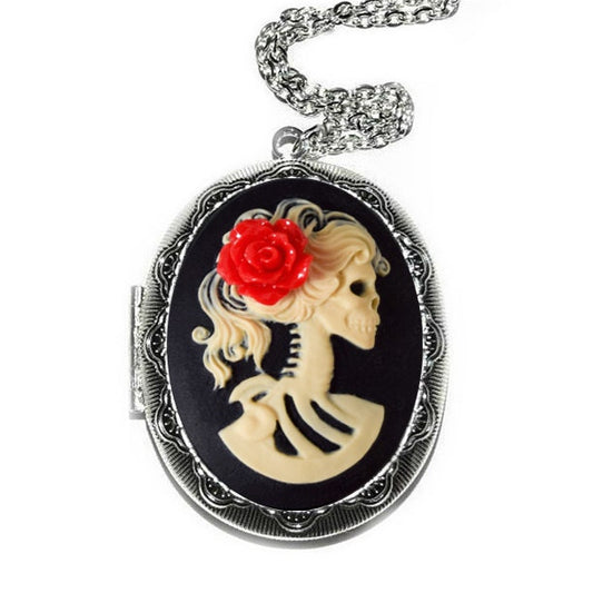 Skeleton Lady Cameo Locket Necklace, Vintage Ornate Antique Silver Pendant