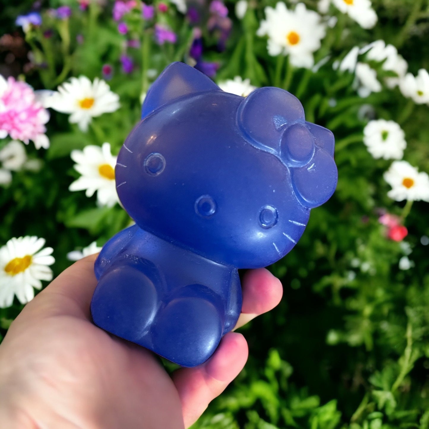 Large Blue Opalite Kitty Crystal Carving, Cute Cat Cartoon Character Figurine, Hand Carved Retro Collectible Statue