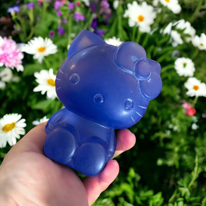 Large Blue Opalite Kitty Crystal Carving, Cute Cat Cartoon Character Figurine, Hand Carved Retro Collectible Statue