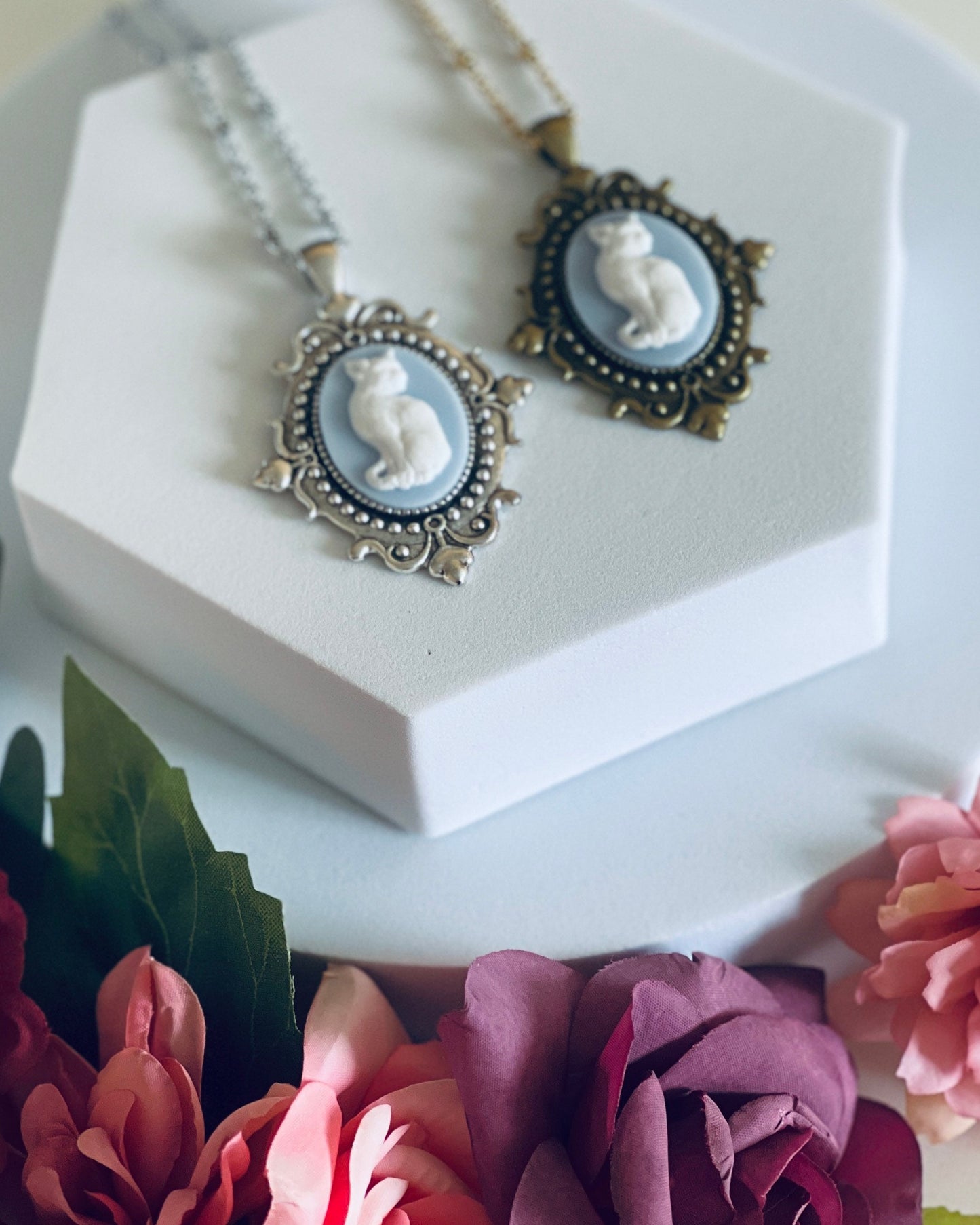Blue Cat Cameo Necklace - Gothic Victorian Pendant in Bronze or Silver - Medium Size