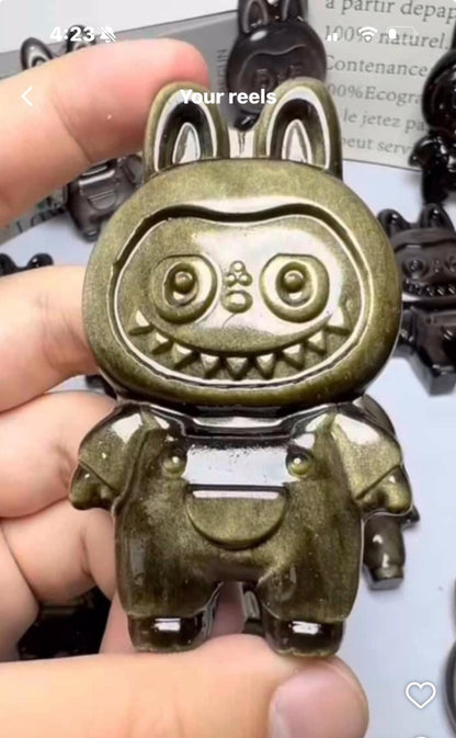 Golden Obsidian Standing Guardian Monster Carving — Cute Protective Figurine