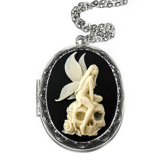 Vintage Cream and Black Angel Skull Locket Necklace with Ornate Silver Pendant
