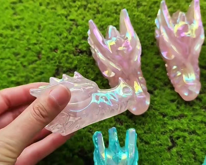 Pink Angel Aura Rose Quartz Dragon Skull Carving - Healing Crystal Decor