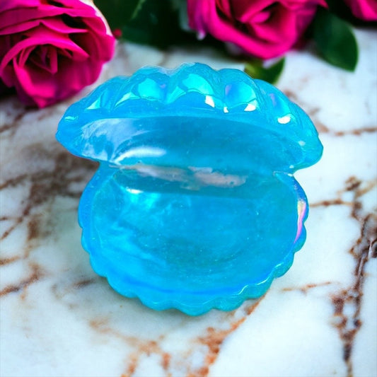 Aura Aqua Blue Quartz Shell Jewelry Dish, Handcarved Crystal Seashell Ring Treasure Box