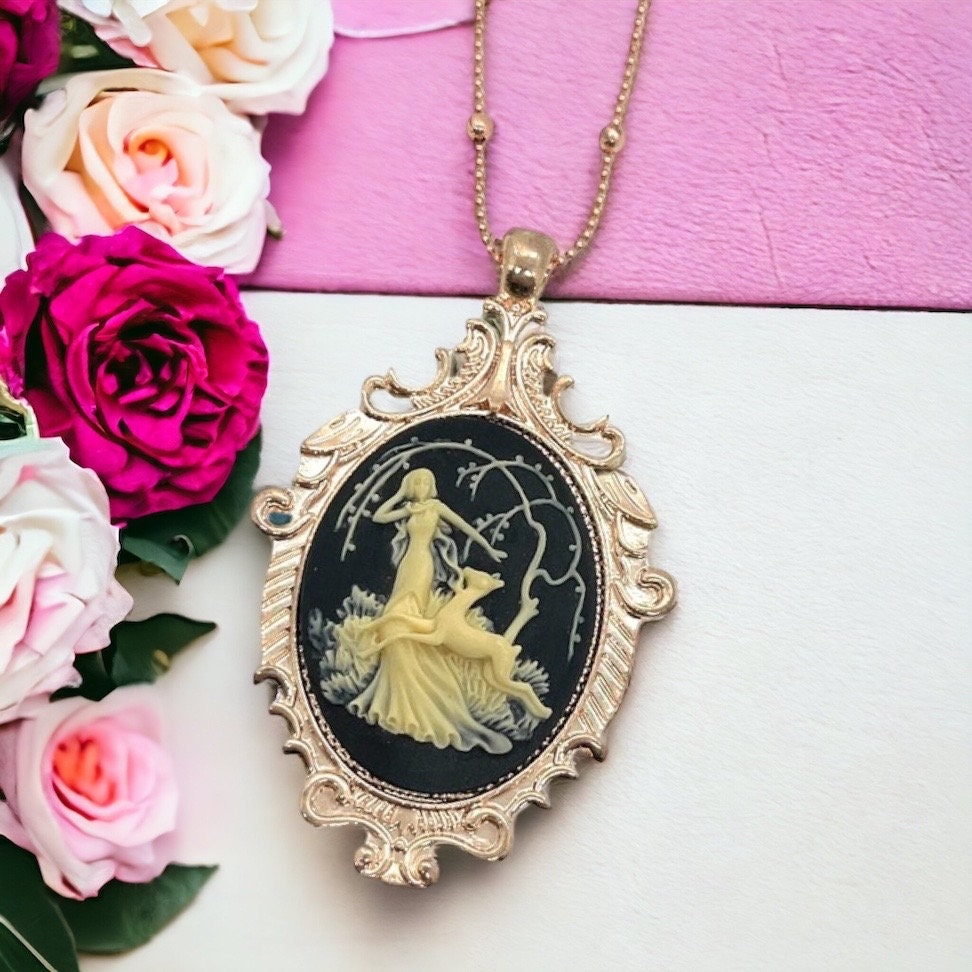 Black  Beige Fawn Cameo Necklace w Rose Gold Pendant - Artemis Huntress Design