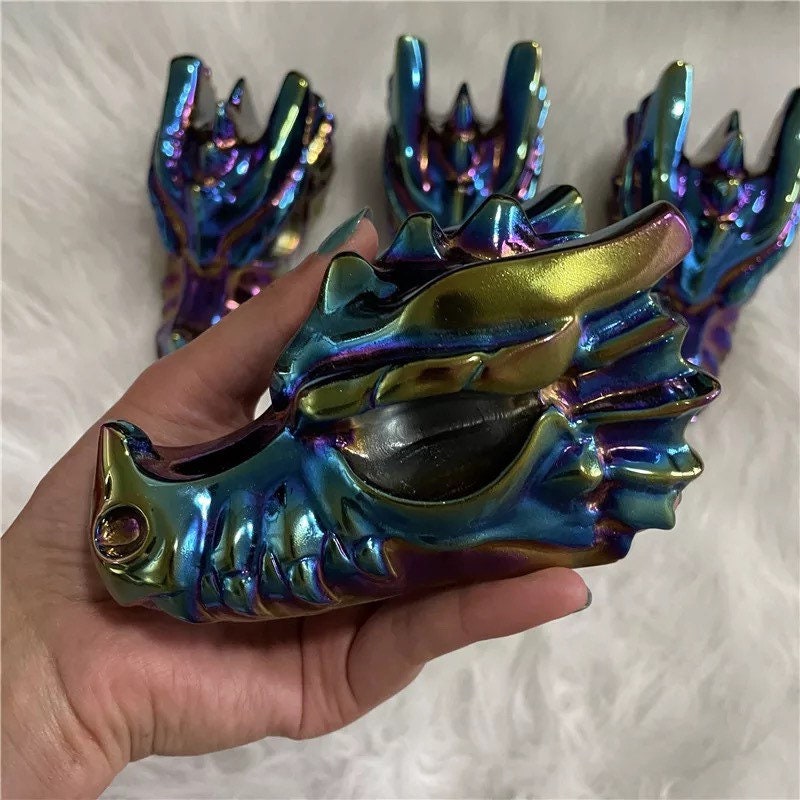 Hand Carved Dragon Skull with Rainbow Titanium  Obsidian Stone - Healing Crystal Decor