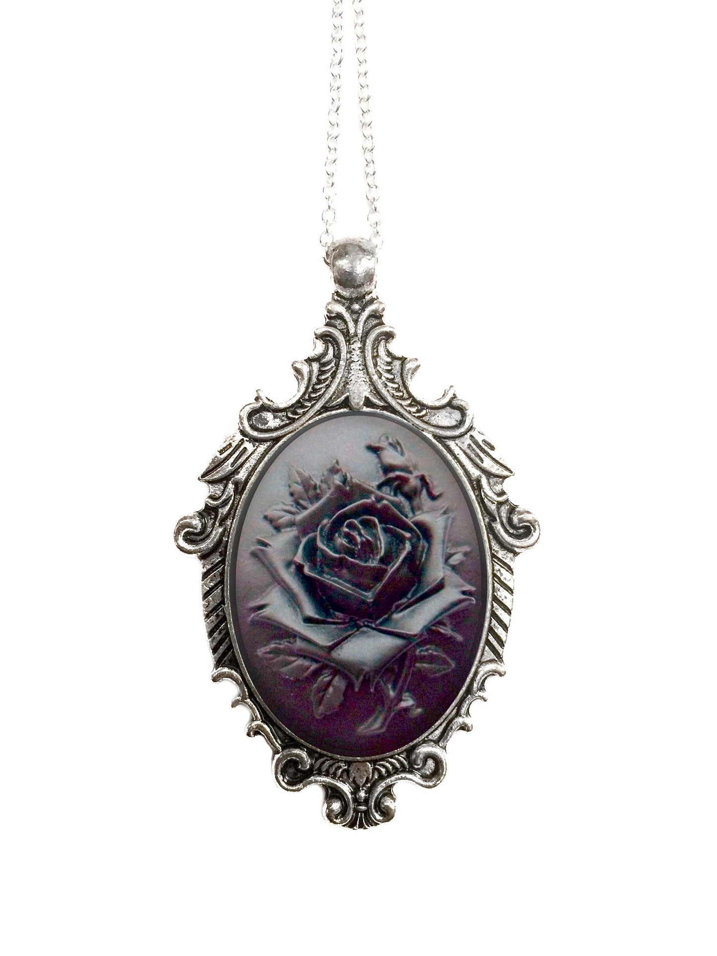 Black and Black Rose Cameo Necklace - Vintage Black Silver Ornate Pendant