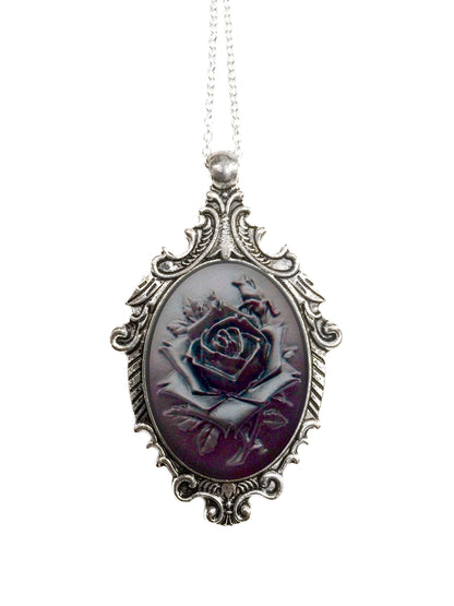 Black and Black Rose Cameo Necklace - Vintage Black Silver Ornate Pendant