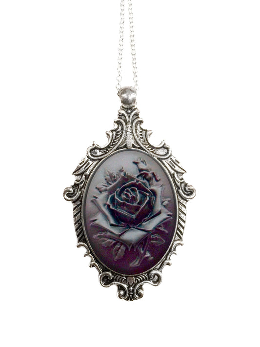 Black and Black Rose Cameo Necklace - Vintage Black Silver Ornate Pendant