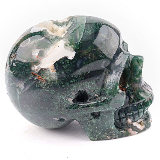 Moss Agate Skull Carving - Hand Carved Geode Crystal for Healing - Unique Home Decor Gift for Him or Her