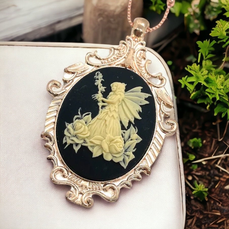 Fairy Magic Rose Gold Victorian Cameo Necklace - Beige and Black