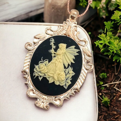 Fairy Magic Rose Gold Victorian Cameo Necklace - Beige and Black