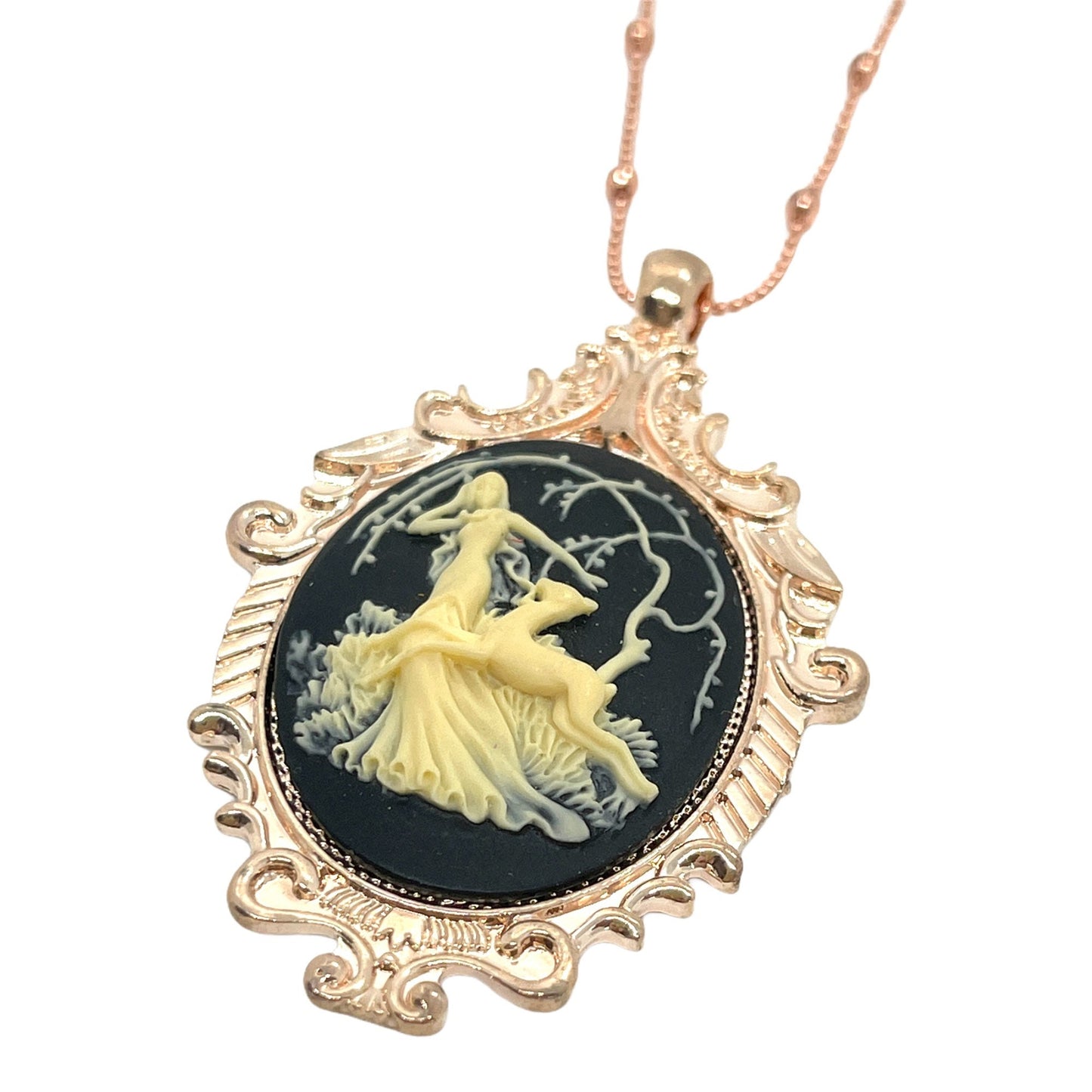 Black  Beige Fawn Cameo Necklace w Rose Gold Pendant - Artemis Huntress Design