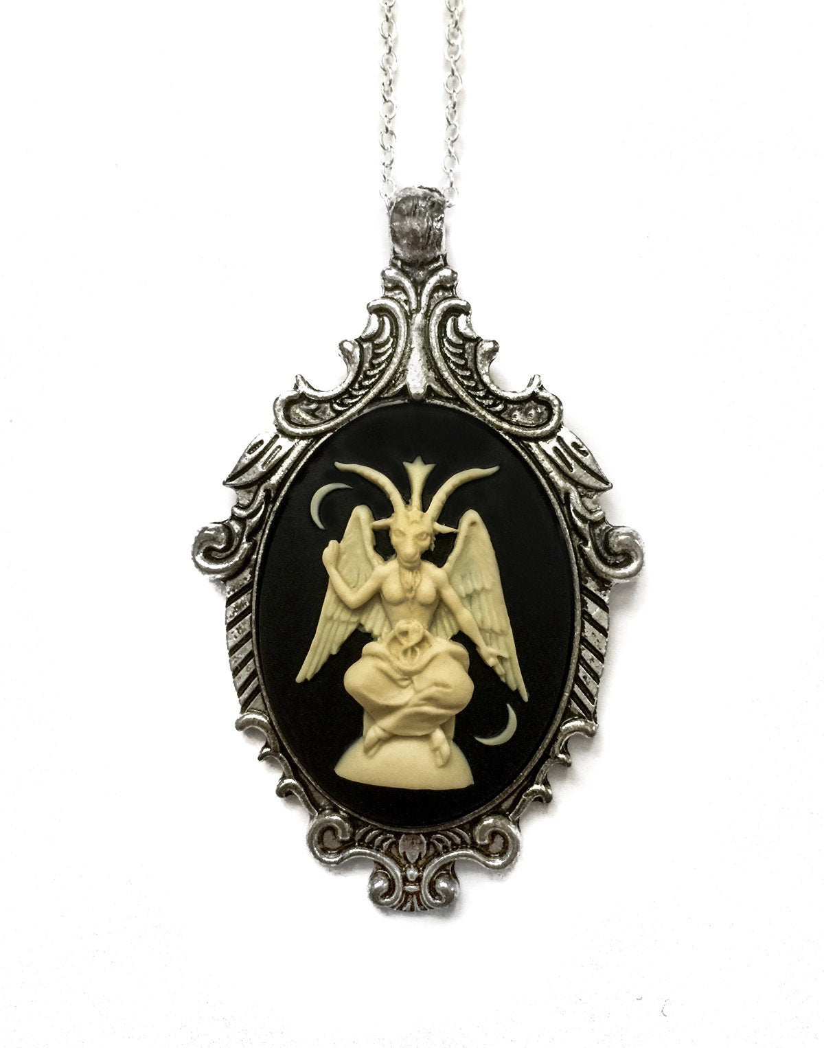 Occult Baphomet Victorian Necklace - Cream  Black Antique Silver Pendant