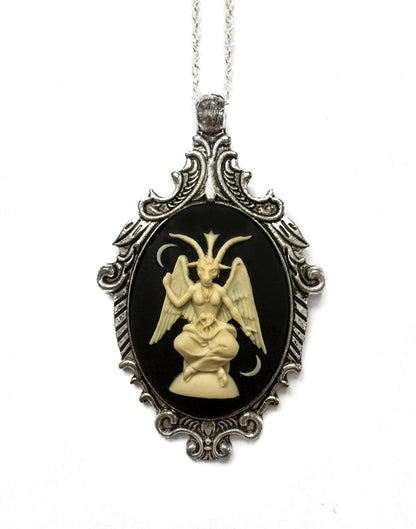 Occult Baphomet Victorian Necklace - Cream  Black Antique Silver Pendant