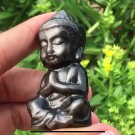 Silver Obsidian Buddha Statue Carving, Natural Hand Carved Stone Spiritual