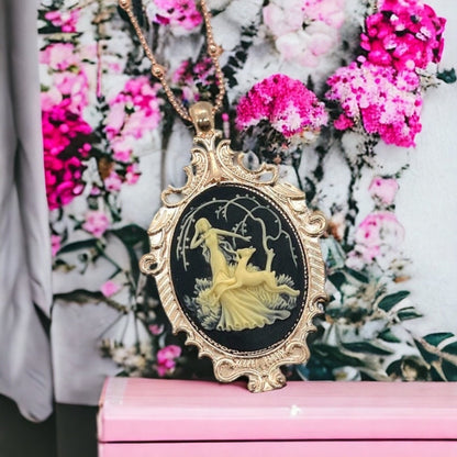 Black  Beige Fawn Cameo Necklace w Rose Gold Pendant - Artemis Huntress Design
