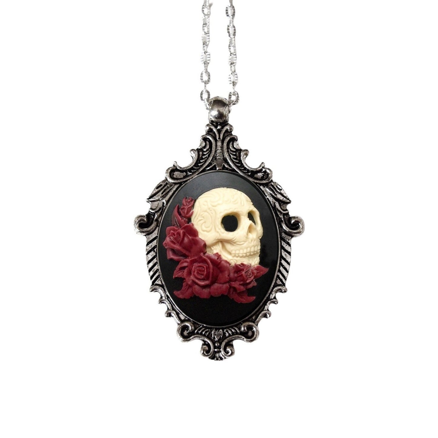 Cream and Black Victorian Style Skull Roses Cameo Necklac , Day of the Dead, Vintage Ornate Antique Silver