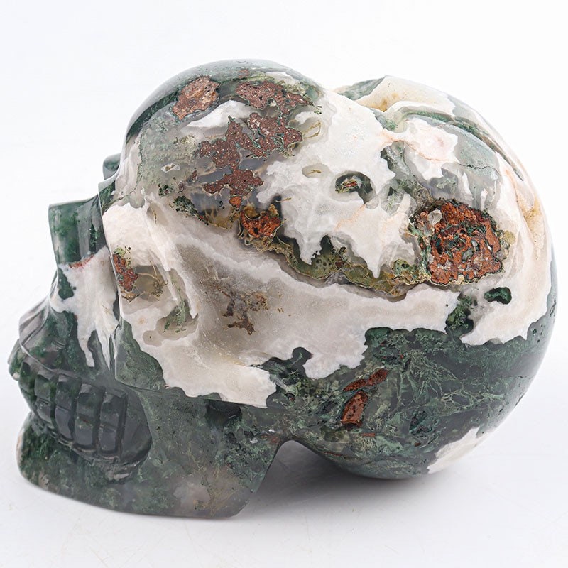 Moss Agate Skull Carving - Hand Carved Geode Crystal for Healing - Unique Home Decor Gift for Him or Her