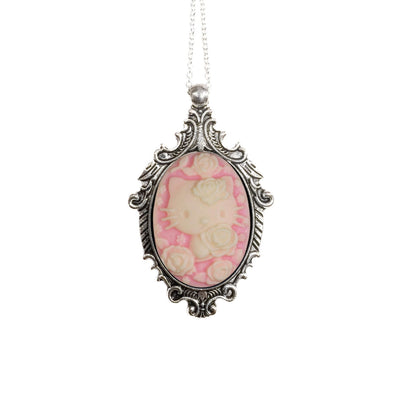 Black and Cream Kitty Cameo Necklace - Victorian Antique Silver Pendant