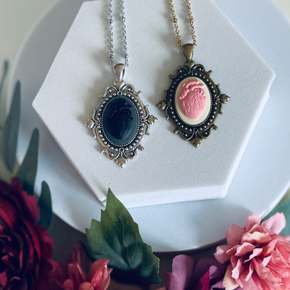 Anatomical Heart Cameo Pendant Necklace - Gothic Victorian Bronze or Silver Setting Medium