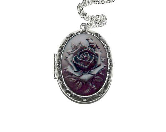 Vintage Black Rose Cameo Locket Necklace - Silver Pendant