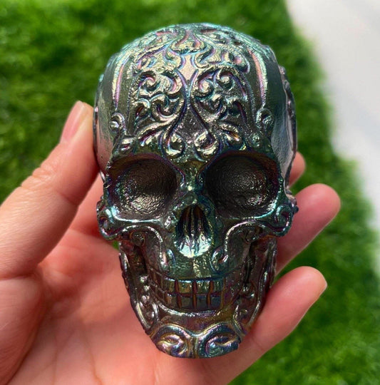 Handcarved Obsidian Skull with Titanium Aura Filigree - Healing Crystal Decor