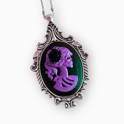 Purple Skeleton Lady Pendant Necklace, Gothic Cameo Set in Victorian Bronze or Silver Setting