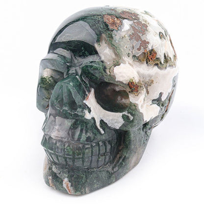 Moss Agate Skull Carving - Hand Carved Geode Crystal for Healing - Unique Home Decor Gift for Him or Her