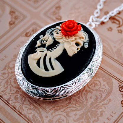 Skeleton Lady Cameo Locket Necklace, Vintage Ornate Antique Silver Pendant