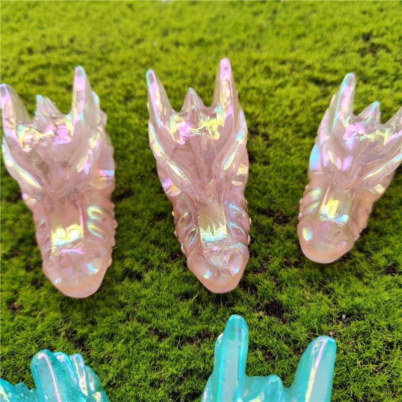 Pink Angel Aura Rose Quartz Dragon Skull Carving - Healing Crystal Decor