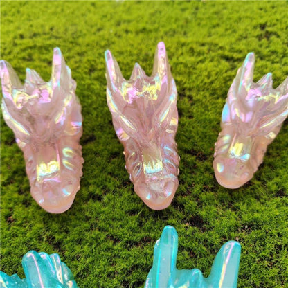 Pink Angel Aura Rose Quartz Dragon Skull Carving - Healing Crystal Decor