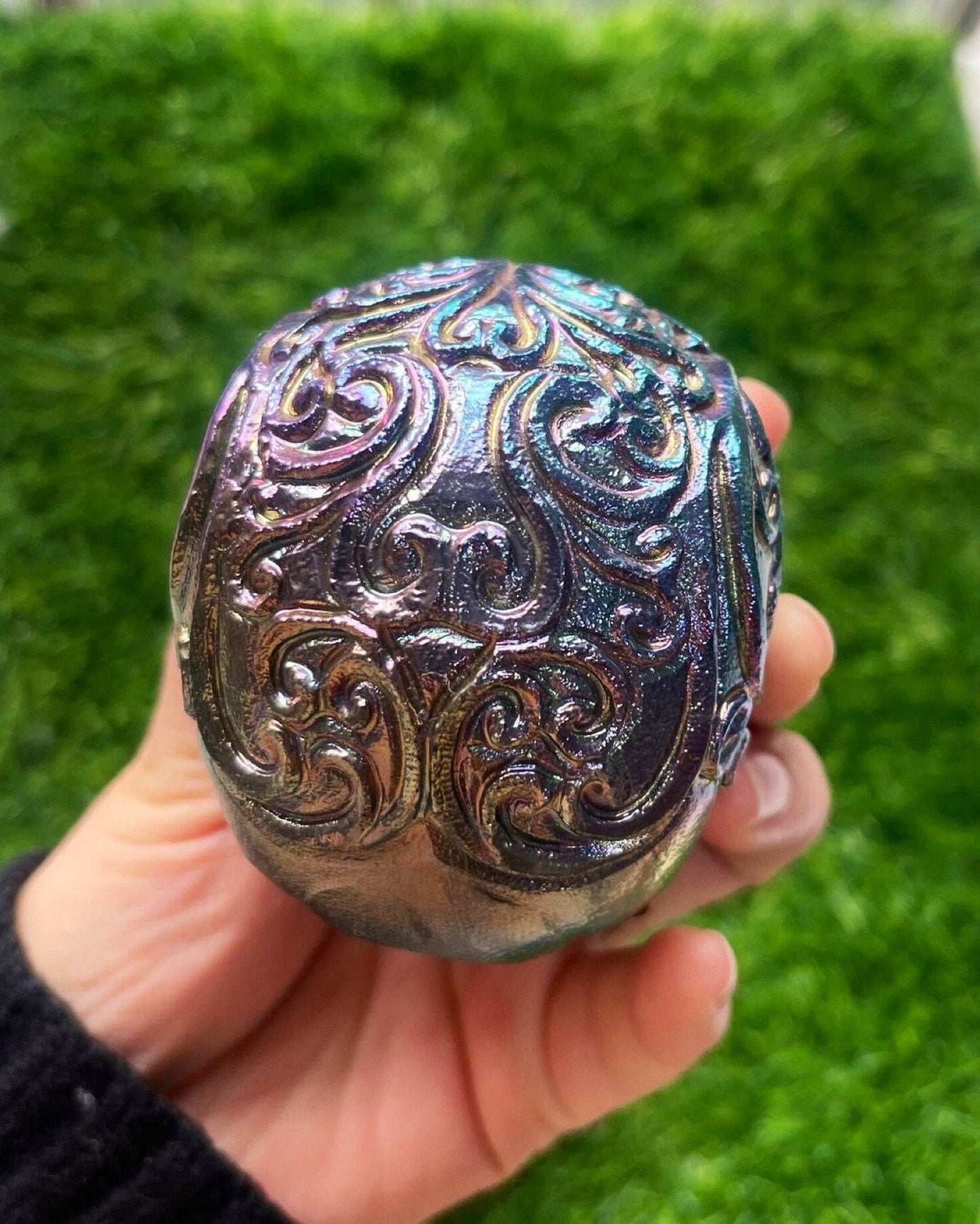 Handcarved Obsidian Skull with Titanium Aura Filigree - Healing Crystal Decor