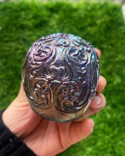 Handcarved Obsidian Skull with Titanium Aura Filigree - Healing Crystal Decor