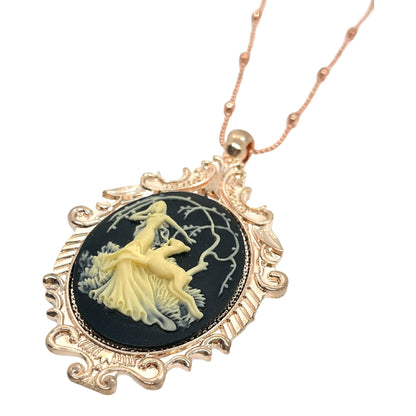 Black  Beige Fawn Cameo Necklace w Rose Gold Pendant - Artemis Huntress Design