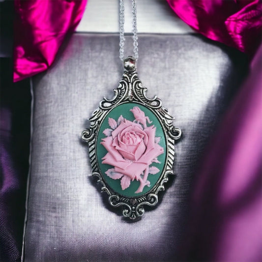 Vintage Green and Pink Victorian Rose Cameo Necklace Ornate Floral Pendant Antique Silver TM