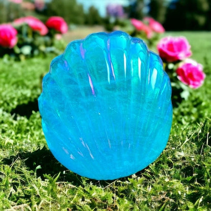 Aura Aqua Blue Quartz Shell Jewelry Dish, Handcarved Crystal Seashell Ring Treasure Box