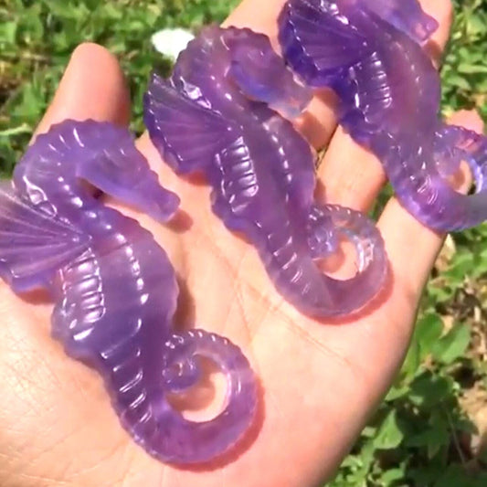 Purple Fluorite Seahorse Carving, Hand Carved Crystal FossIl, Natural Beach Theme Decor