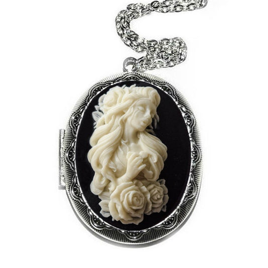 Black and Beige Crying Girl Cross Cameo Locket - Breakup Gift