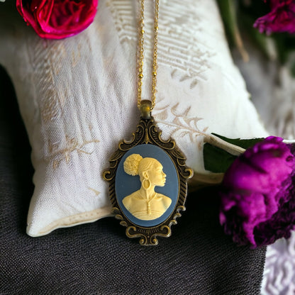 Black Lady Cameo Pendant Necklace - Antique Brass Setting
