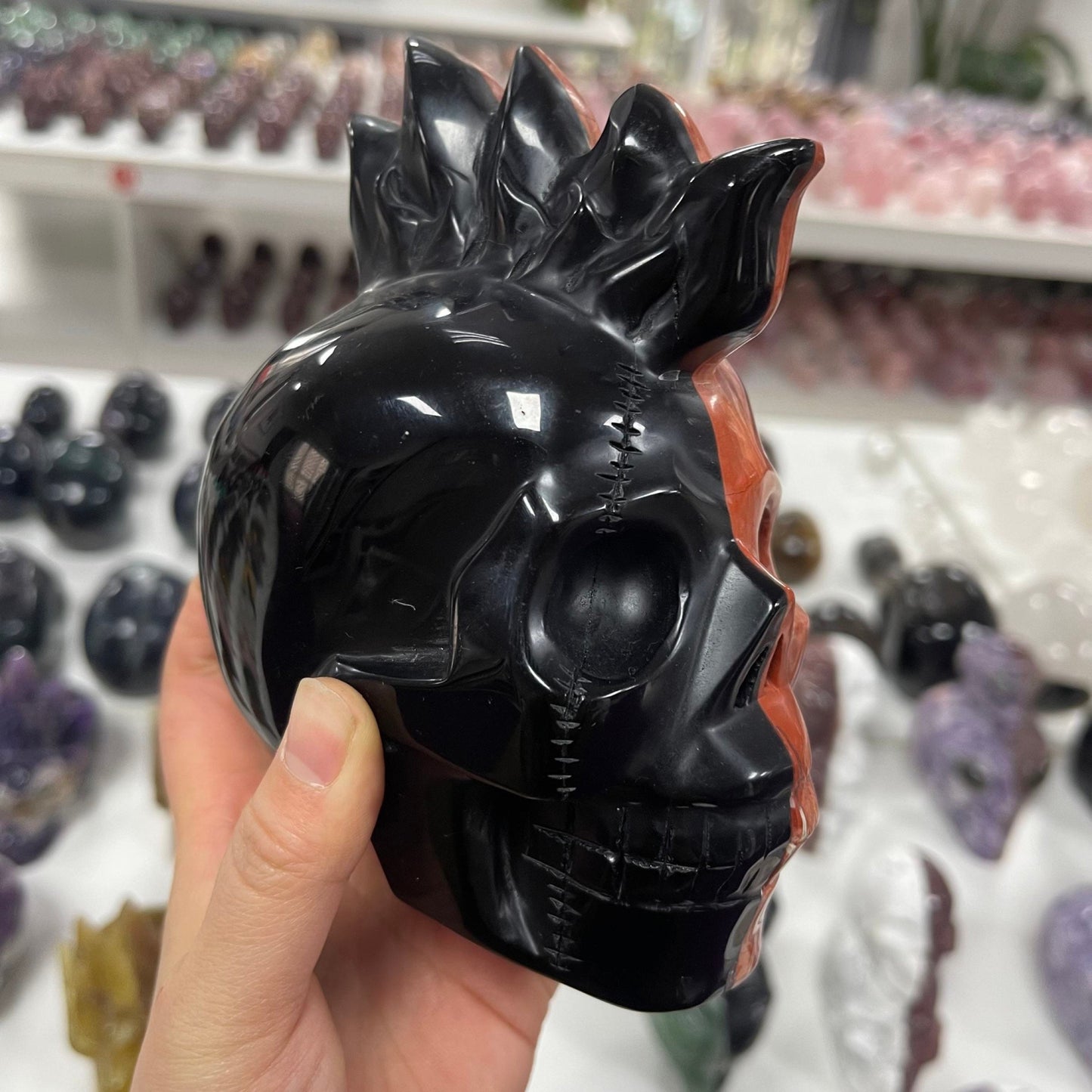 Large Obsidian Red Jasper Skull - Hand Carved Two Tone Flame Design for Meditation  Witchy Decor