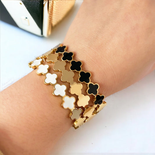 Clover Bracelet Bangle - Hinged Cuff -  Electroplated 18k Gold over Stainless Steel