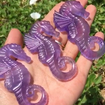 Purple Fluorite Seahorse Carving, Hand Carved Crystal FossIl, Natural Beach Theme Decor